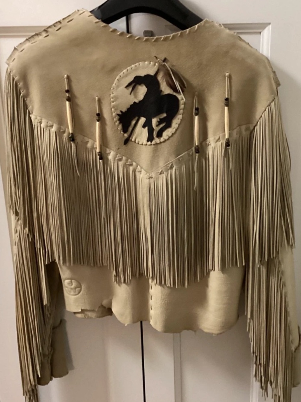 Signed handcrafted Native American leather jacket beaded fringe indian pony OOAK